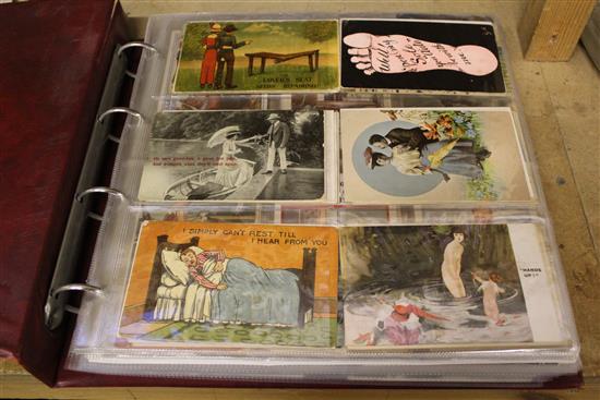 Album of early 20C & later postcards, mostly UK, inc many comic, WWI Bamforths Songs, greetings, religious, royal, general, etc. (300+)